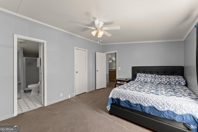 bedroom featuring ornamental molding, carpet, ceiling fan, and ensuite bath