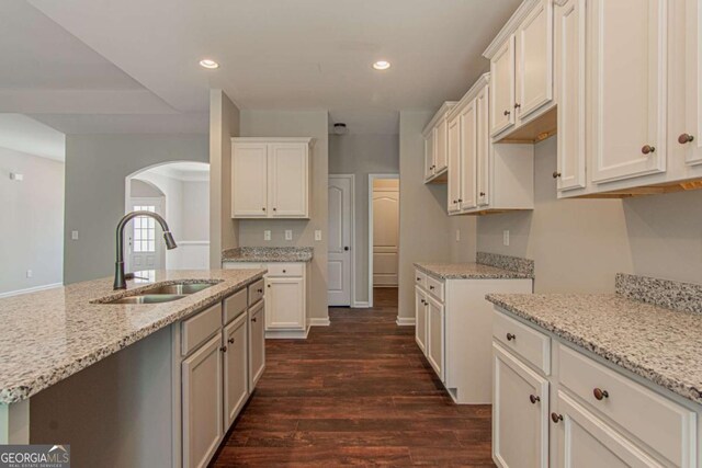 kitchen featuring sink, dark hardwood / wood-style flooring, light stone countertops, a kitchen island with sink, and white cabinets