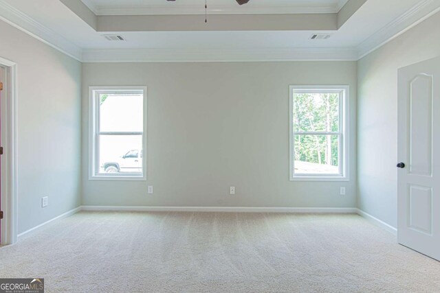 unfurnished room with ceiling fan, ornamental molding, a raised ceiling, and light carpet