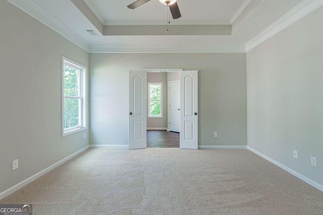 carpeted spare room featuring crown molding, a raised ceiling, and ceiling fan