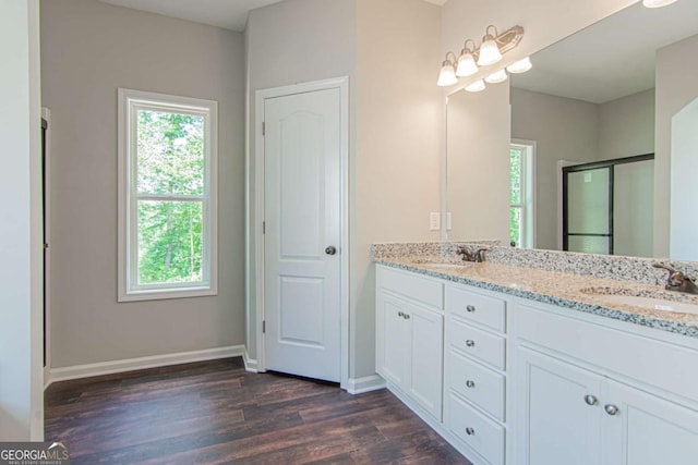 bathroom with vanity, a shower with door, and hardwood / wood-style floors