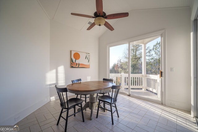 dining area with lofted ceiling and ceiling fan