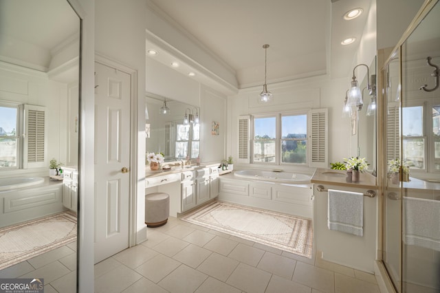 bathroom featuring vanity, plus walk in shower, and tile patterned flooring