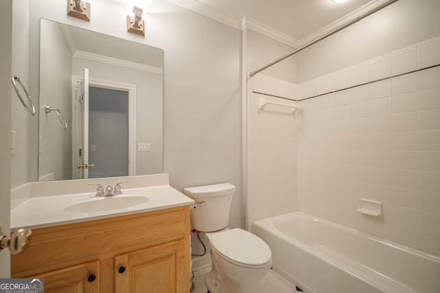 full bathroom with shower / tub combination, ornamental molding, vanity, and toilet