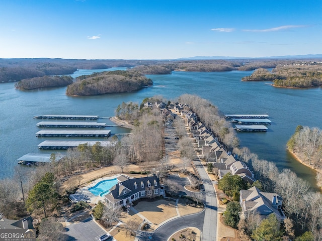 aerial view featuring a water view