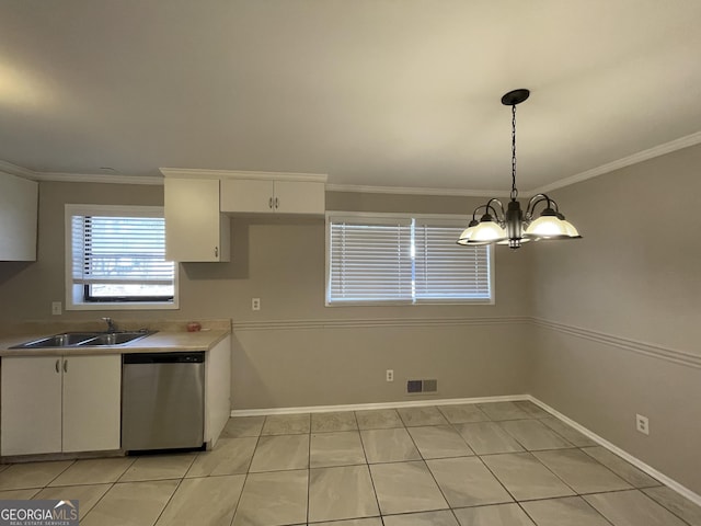 kitchen with sink, dishwasher, white cabinets, light tile patterned flooring, and decorative light fixtures