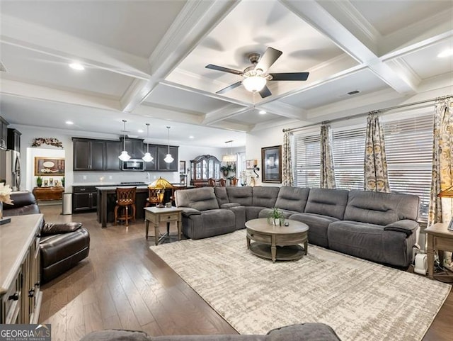 living room featuring coffered ceiling, beam ceiling, and dark hardwood / wood-style flooring