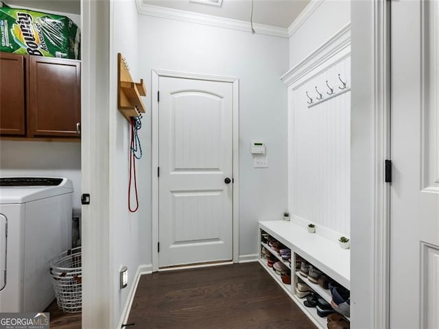 mudroom featuring dark hardwood / wood-style floors, ornamental molding, and washer / clothes dryer