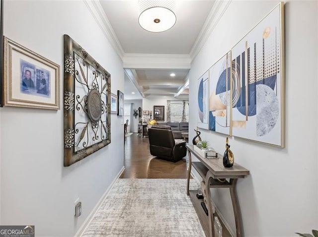 hallway with beamed ceiling, crown molding, and coffered ceiling