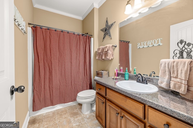 bathroom featuring curtained shower, vanity, toilet, crown molding, and tile patterned floors