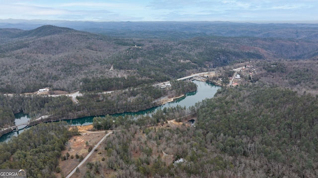 drone / aerial view with a water and mountain view