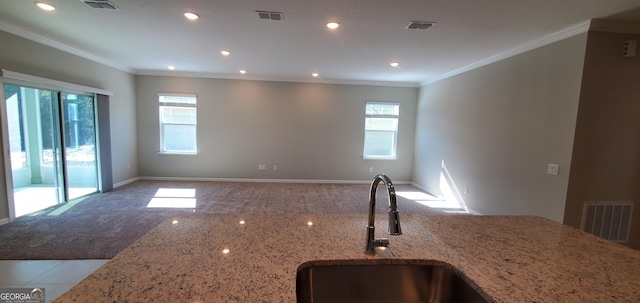 kitchen with ornamental molding, sink, a wealth of natural light, and light stone counters