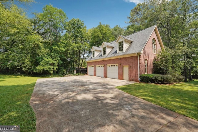 view of property exterior featuring a garage and a lawn