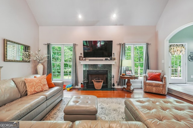 living room featuring hardwood / wood-style flooring, a premium fireplace, lofted ceiling, and a wealth of natural light