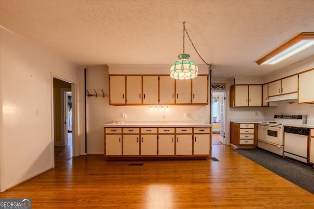 kitchen featuring light hardwood / wood-style flooring, decorative light fixtures, white appliances, and a textured ceiling