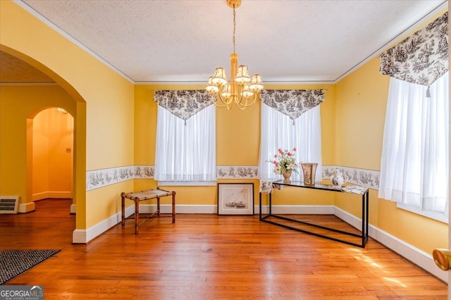 living area with an inviting chandelier, a wealth of natural light, hardwood / wood-style floors, and a textured ceiling