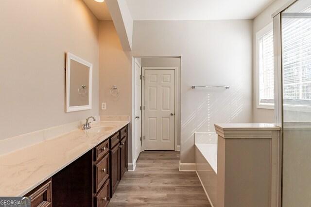 bathroom featuring hardwood / wood-style flooring, vanity, and a bath