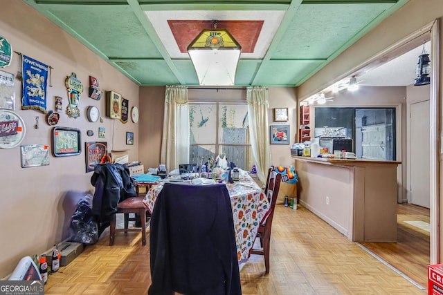 dining room featuring light parquet flooring