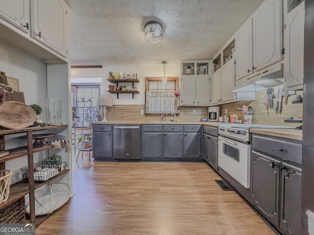 kitchen with pendant lighting, electric stove, gray cabinets, white cabinetry, and stainless steel dishwasher