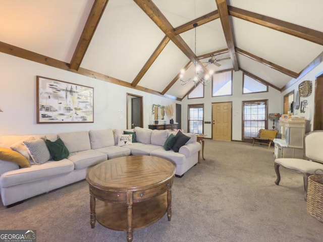 carpeted living room featuring beam ceiling, high vaulted ceiling, and a chandelier