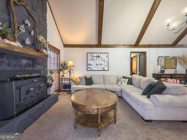 carpeted living room featuring a notable chandelier, beam ceiling, and high vaulted ceiling