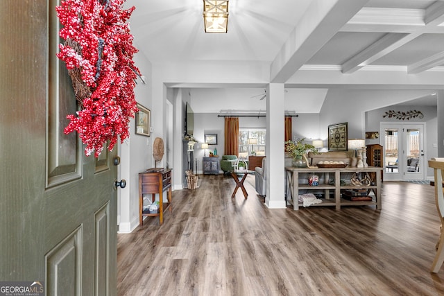 45 Misty Creek Cv, Newnan, GA 30265 - living area featuring wood finished floors, a stone fireplace, high vaulted ceiling, and a ceiling fan