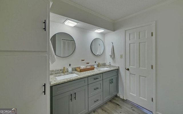 bathroom with vanity, hardwood / wood-style floors, crown molding, and a textured ceiling