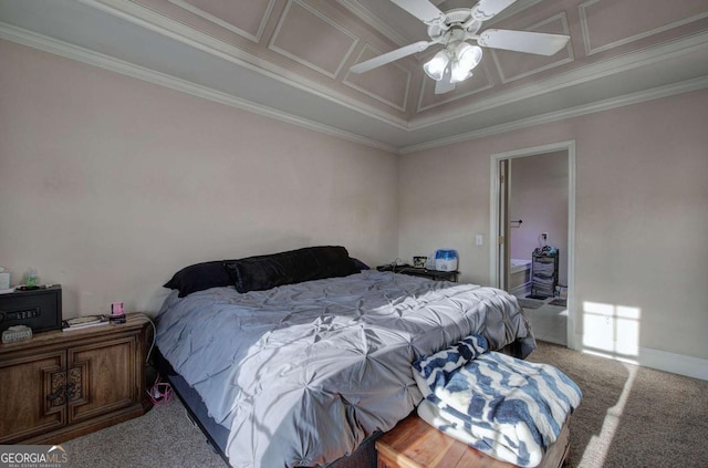 carpeted bedroom with ornamental molding and ceiling fan