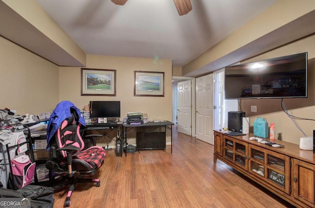 office featuring ceiling fan and light wood-type flooring