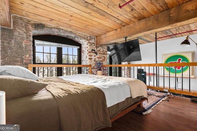 bedroom with wood-type flooring, wooden ceiling, and beam ceiling