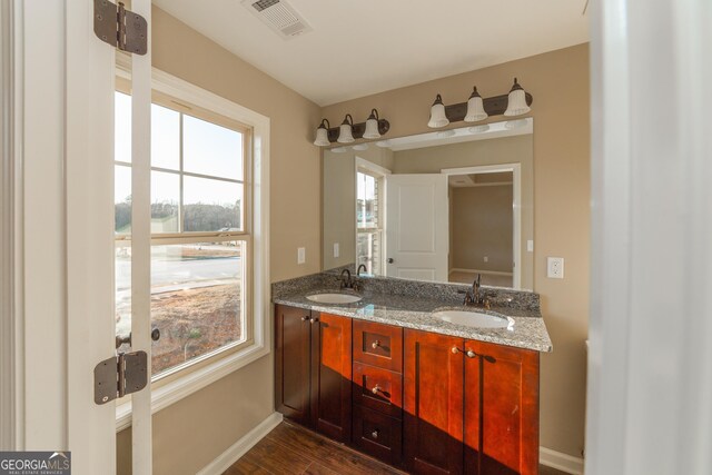 bathroom with wood-type flooring and vanity