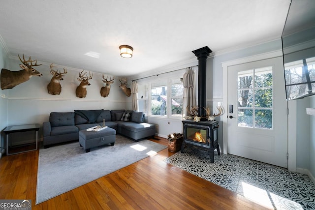 living room featuring hardwood / wood-style flooring, crown molding, and a wood stove