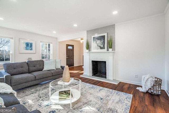 living room with a fireplace, dark wood-type flooring, and ornamental molding