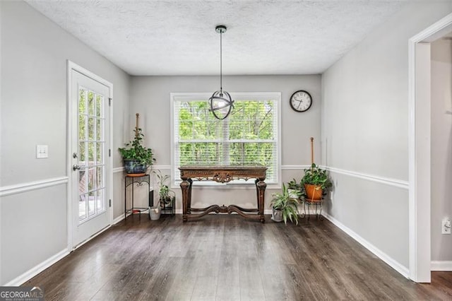 interior space with dark hardwood / wood-style floors and a textured ceiling