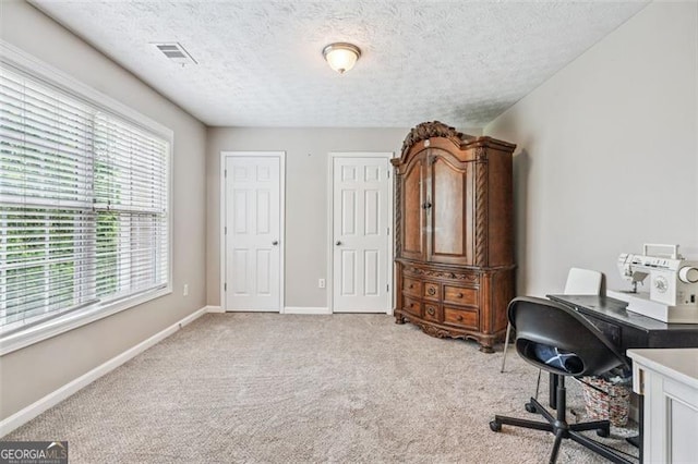 carpeted office with a textured ceiling