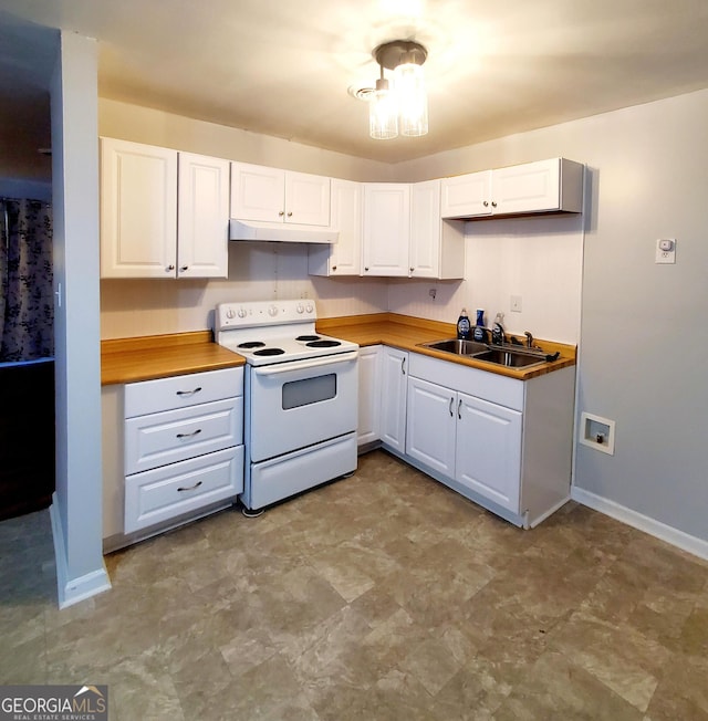 kitchen with butcher block countertops, sink, white cabinets, and white range with electric stovetop