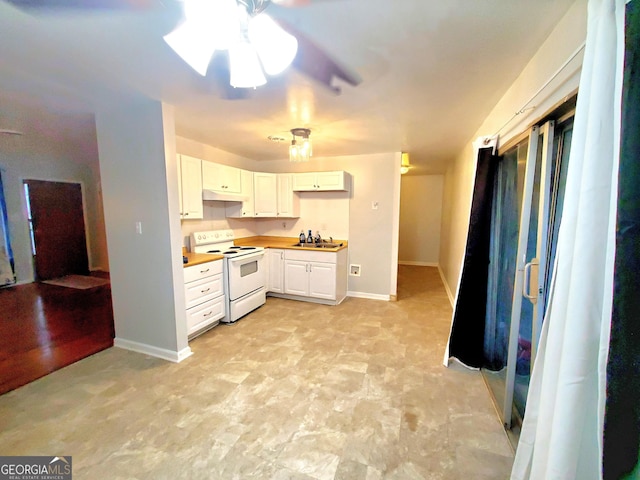 kitchen with sink, ceiling fan, white cabinets, and white range with electric stovetop