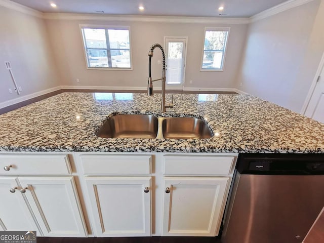 kitchen with sink, light stone counters, white cabinetry, crown molding, and dishwasher