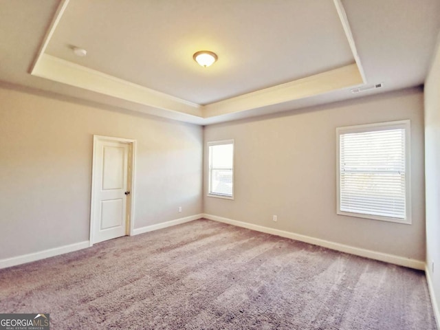 carpeted empty room featuring a tray ceiling