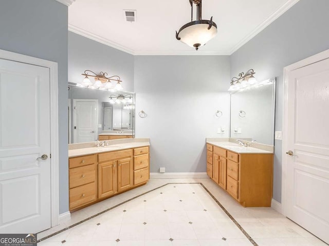 bathroom featuring tile patterned flooring, ornamental molding, and vanity