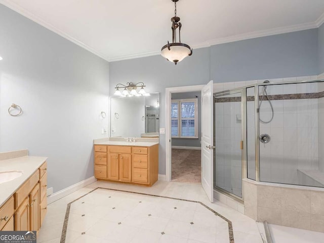 bathroom with crown molding, tile patterned floors, vanity, and an enclosed shower