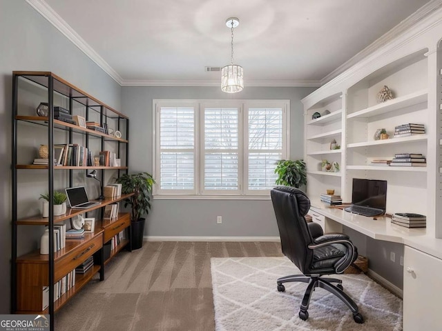 carpeted office space with ornamental molding