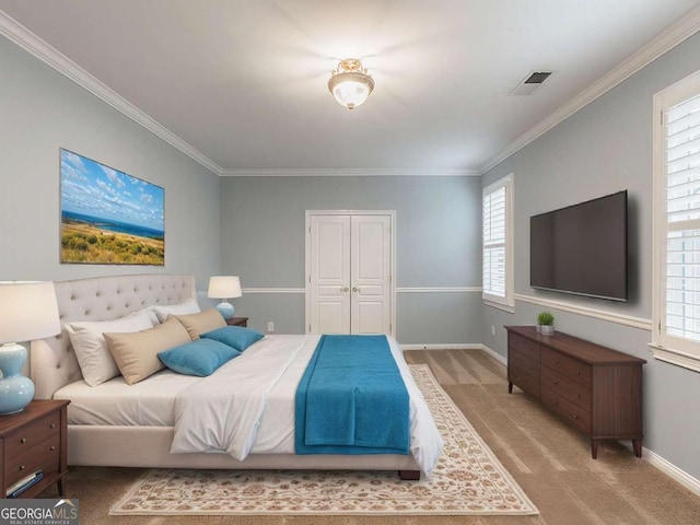 carpeted bedroom with crown molding and a closet