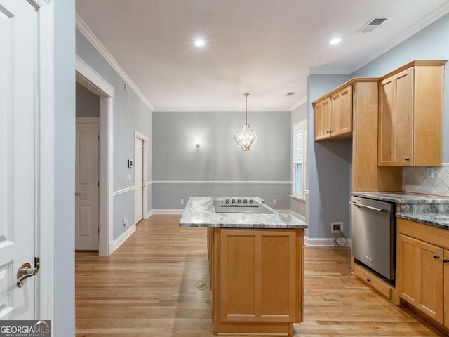 kitchen featuring a kitchen island, tasteful backsplash, hanging light fixtures, stainless steel dishwasher, and light stone counters