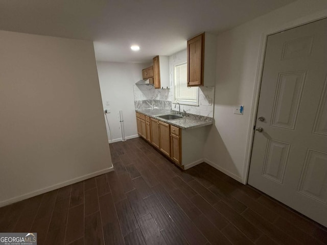 kitchen featuring sink, backsplash, and dark hardwood / wood-style flooring