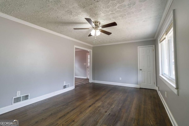 unfurnished room featuring ceiling fan, ornamental molding, dark hardwood / wood-style floors, and a textured ceiling