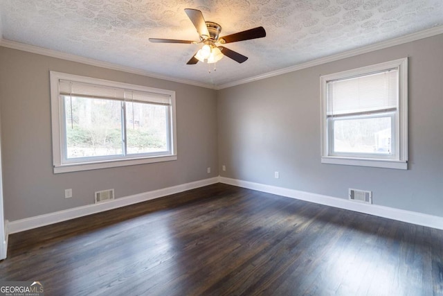 unfurnished room featuring ornamental molding, a textured ceiling, ceiling fan, and dark hardwood / wood-style flooring