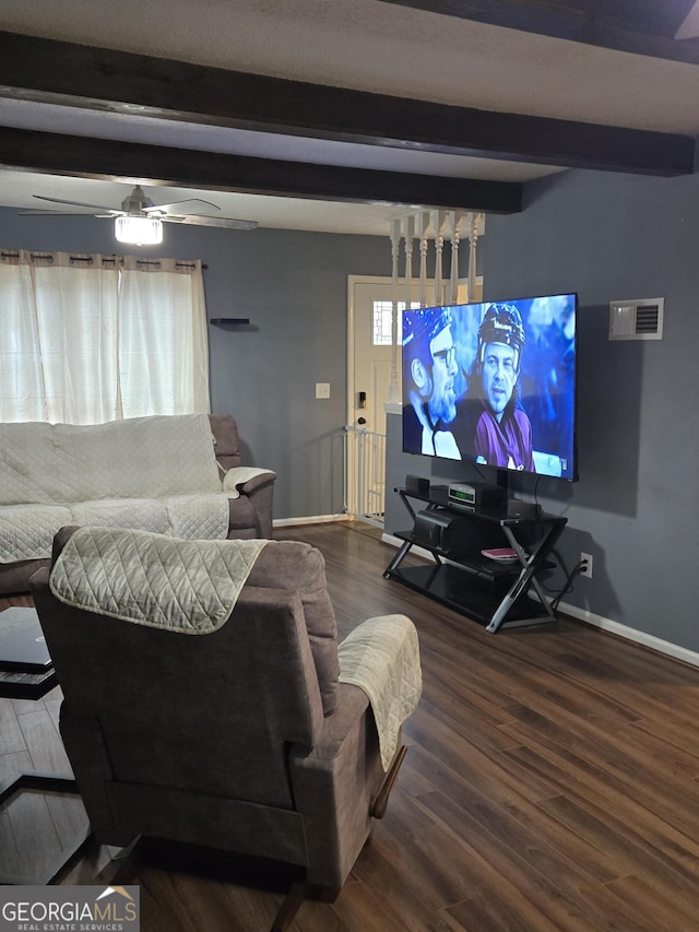 living room with wood-type flooring, ceiling fan, and beam ceiling