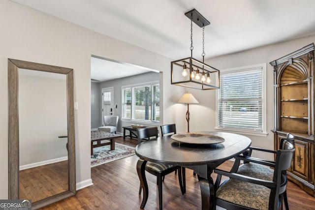 dining space featuring dark wood-type flooring