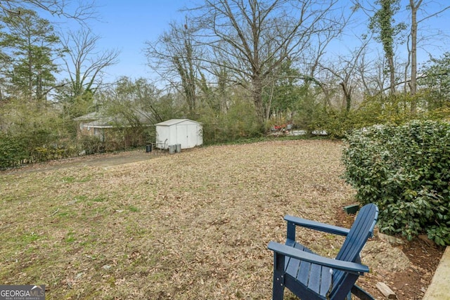 view of yard featuring a storage shed